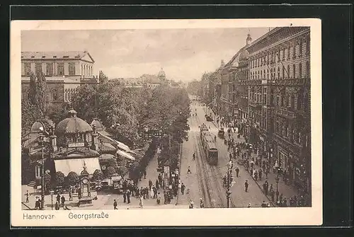 AK Hannover, Blick aus der Vogelschau entlang der Georgstrasse mit Strassenbahn