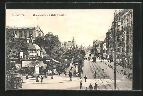 AK Hannover, Georgstrasse mit Café Kröpcke und Strassenbahnen