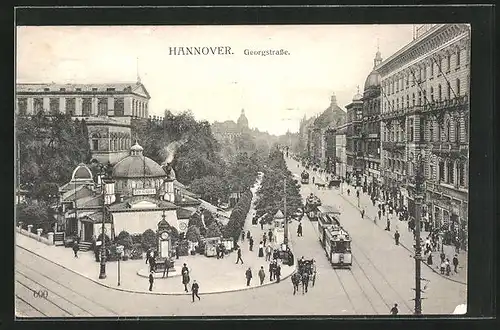 AK Hannover, Georgstrasse mit Theater und Café Kröpcke, Pferdekutschen und Strassenbahnen