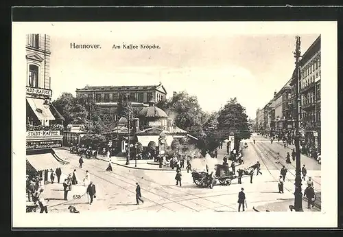 AK Hannover, Am Cafe Kröpcke in der Georgstrasse und Pferdefuhrwerk