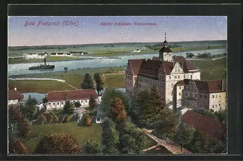 AK Bad Pretzsch / Elbe, Militär-Mädchen-Waisenhaus mit Fluss