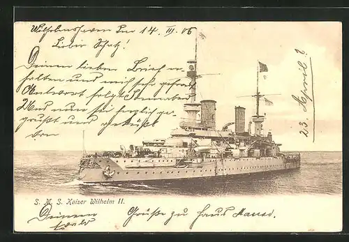 AK SMS Kaiser Wilhelm II. von vorne, Kriegsschiff