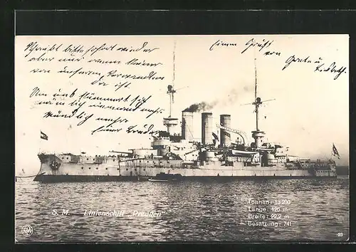 AK Kriegsschiff S.M.S. Preussen mit Beiboot