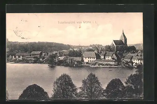 AK Mölln i.L., Totalansicht mit See und Kirche