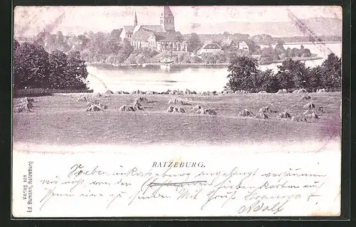 AK Ratzeburg, Blick über Felder und See auf die Kirche, Heuballen