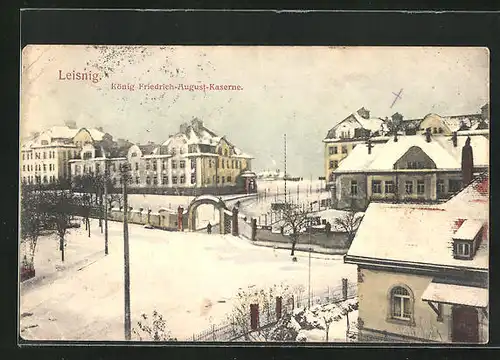 AK Leisnig, König Friedrich-August-Kaserne im Winter