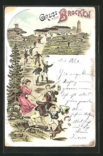 Lithographie Brocken, Hotel mit Aussichtsturm, Passanten laufen zum Hotel