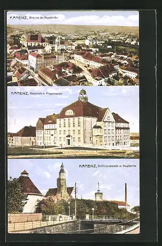 AK Kamenz, Realschule mit Progymnasium, Schillerpromenade mit Hauptkirche, Gesamtansicht von der Hauptkirche gesehen