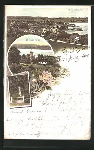 Lithographie Starnberg, Schloss Berg, Gesamtansicht mit Dampfer