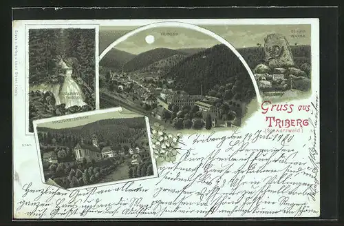 Mondschein-Lithographie Triberg /Schwarzwald, Wallfahrtskirche, Gerwig-Denkmal