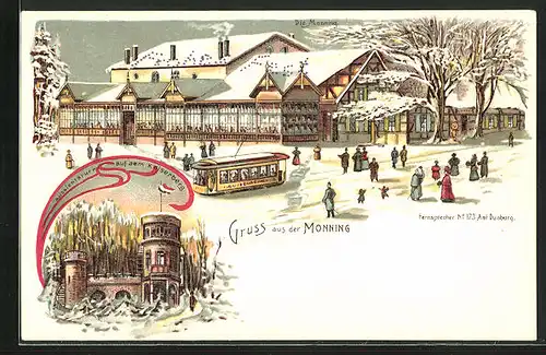 Winter-Lithographie Duisburg, Gasthaus Monning und Strassenbahn, Aussichtsturm auf dem Kaiserberg