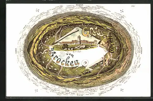 Lithographie Brocken, Panorama-Rundumblick vom Gipfelplateau