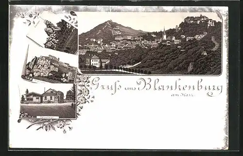 Lithographie Blankenburg /Harz, Gasthaus auf dem Ziegenkopf, Regenstein, Ortsansicht