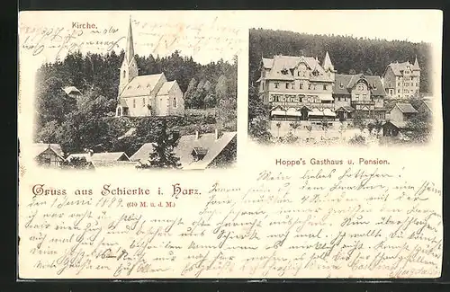 AK Schierke i. Harz, Hoppe`s Gasthaus und Pension, Kirche