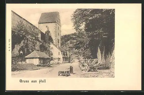 AK Hall, Ortspartie und Frau mit Karren