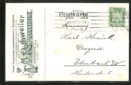 Künstler-AK Mannheim, M. Rothweiler, Import italienischer Landesprodukte & Südfrüchte, Frau mit Korb auf dem Kopf