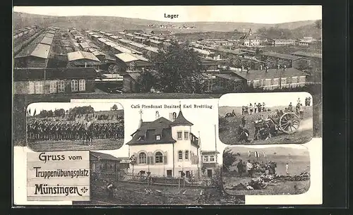AK Münsingen / Truppenübungsplatz, Café Plesdonat, Lager, Soldaten zur Pferde