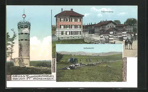 AK Münsingen, Truppenübungsplatz, Lagereingang, Turm Falkenhausen, Infanterie