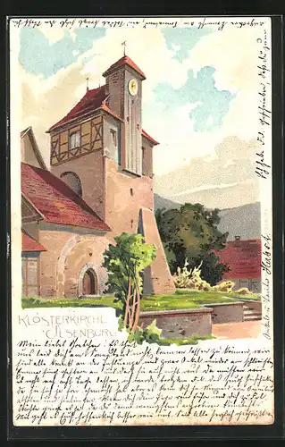 Lithographie Ilsenburg, Klosterkirche vor blauem Himmel