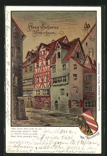 Künstler-AK Alt-Nürnberg, Hans Sachsens Wohnhaus, Wappen