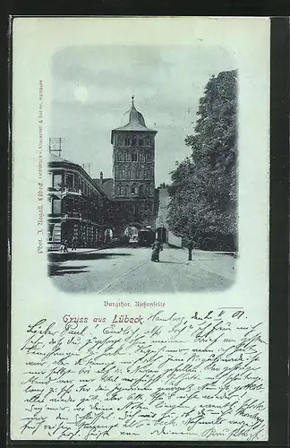 Mondschein-AK Lübeck, Burgtor, Aussenseite