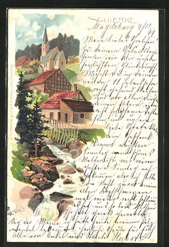 Lithographie Schierke, Kirche und Gebirgsbach