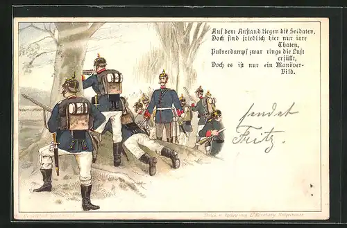 Vorläufer-Lithographie Soldaten liegen auf dem Anstand beim Schiessen, 1895, Infanterie