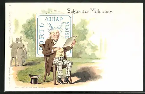 Lithographie Gehörnter Moldauer, Mann aufm Stuhl vor der Briefmarke, Briefmarke mit Hörner