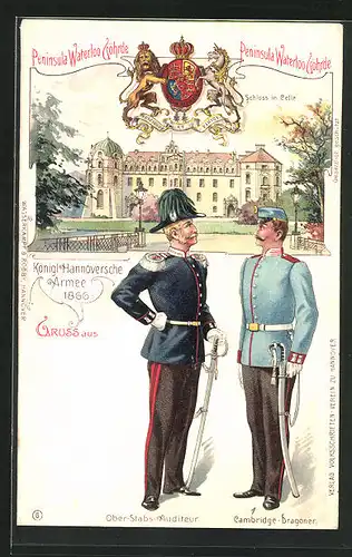Künstler-AK Soldaten der Königl. Hannoversche Armee 1866, Ober-Stabs-Auditeur, Cambridge-Dragoner, Schloss in Celle