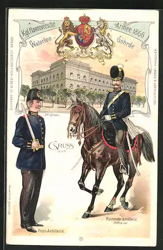 Künstler-AK Soldaten der Königl. Hannoversche Armee 1866, Fuss-Artillerie, Reitende Artillerie, Waterloo Göhrde
