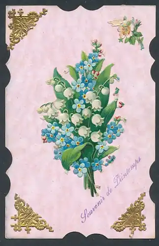 Oblaten-AK Blumenstrauss mit weissen und blauen Blumen