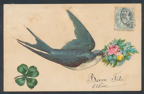 Oblaten-AK Vogel fliegt mit Blumenstrauss davon