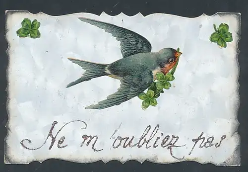 Oblaten-AK Vogel fliegt mit Kleeblatt davon
