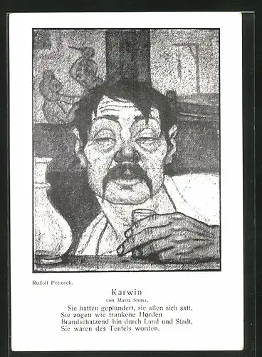 Künstler-AK sign. Rudolf Potiorek: Betrunkener, Vers Karwin von Maria Stona