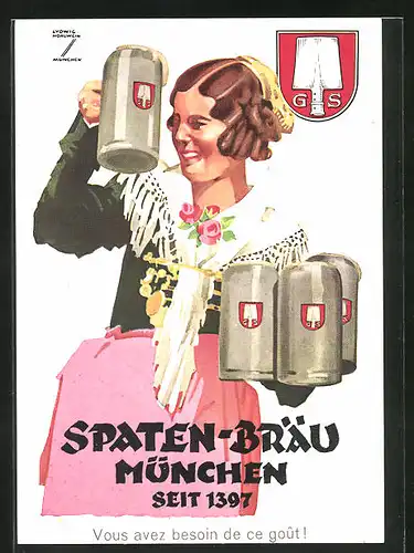 Künstler-AK Ludwig Hohlwein: Spaten-Bräu München, seit 1397, Brauerei-Reklame, Junge Wirtin mit Bierkrügen
