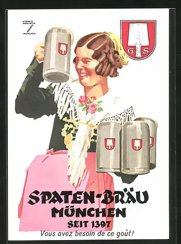 Künstler-AK Ludwig Hohlwein: Spaten-Bräu München, seit 1397, Brauerei-Reklame, Hübsche junge Wirtin