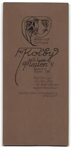 Fotografie F. Kolby, Plauen i. V., Rädelstrasse 1, Portrait junge Dame mit zeitgenössischer Frisur