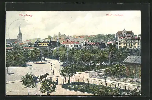 AK Flensburg, Blick auf die Bahnhofsanlagen und Stadt
