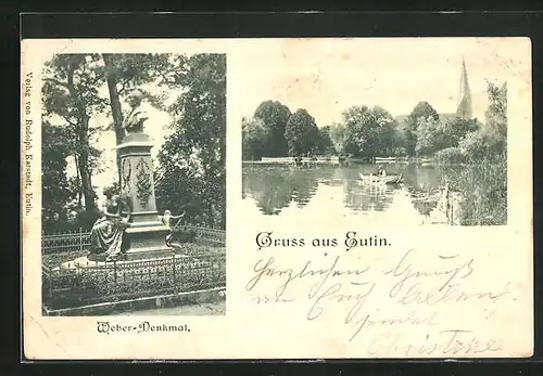 AK Eutin, Weber-Denkmal und Blick auf Kirche vom See aus