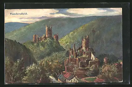 Künstler-AK Manderscheid, Blick auf die Burgruinen