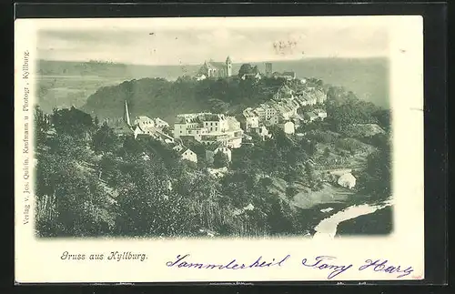 AK Kyllburg, Ortsansicht aus der Vogelperspektive mit Burg im Hintergrund