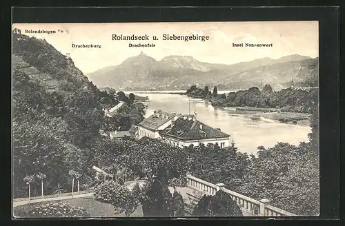 AK Rolandseck a. Rh., Blick auf das Siebengebirge mit Insel Nonnenwert, Drachenfels und Drachenburg