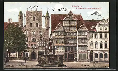 AK Hildesheim, Wedekind- und Tempelherrenhaus mit Brunnen