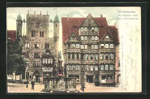 AK Hildesheim, Wedekind- und Tempelherenhaus mit Brunnen