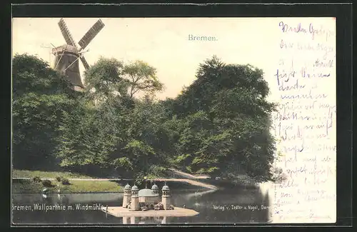 AK Bremen, Entenhaus in den Wallanlagen mit Windmühle