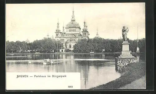 AK Bremen, Parkhaus im Bürgerpark mit Schwänen auf dem Hollersee