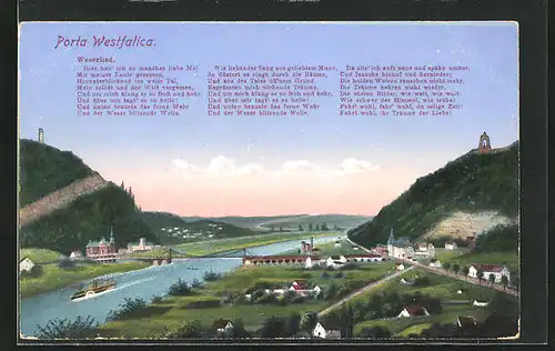 AK Porta Westfalica, Ort, Brücke und Denkmal aus der Vogelschau