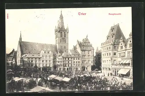 AK Trier, belebter Hauptmarkt mit Kirche