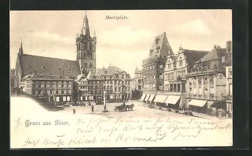 AK Trier, Marktplatz mit Kirche und Pferdefuhrwerk