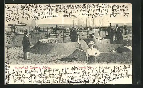 AK Dahme i. Holst., Strandburgen mit Seegelschiffen im Hintergrund